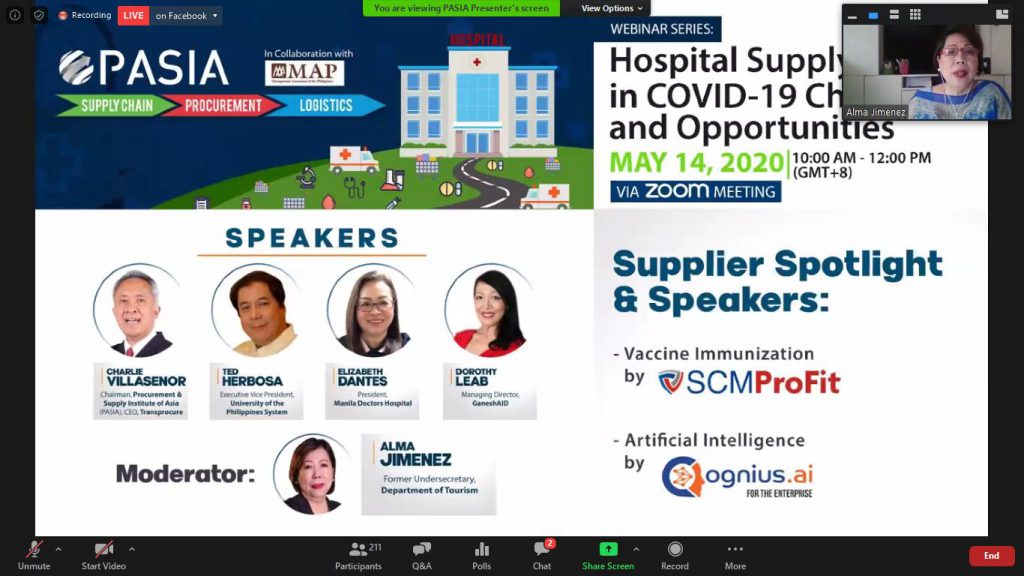 Mme. Dorothy Leab, GaneshAID's Health System Strengthening Specialist, invited as a speaker at PASIA's webinar on Hospital Supply Chain in COVID-19
